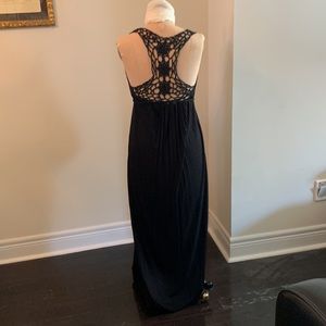 Lani black jersey boho dress tie around crochet back ankle length